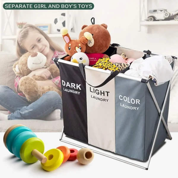 3 Grids Laundry Basket Foldable Dirty Clothes Organizer Bathroom - Image 3